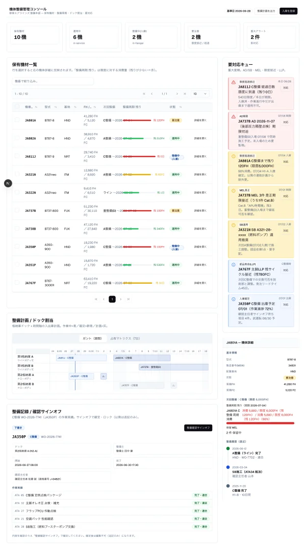 #130 AI に航空機の整備管理コンソールを作らせてみた — 鉄道で結晶化した床が、そのまま航空に効いた（やってみた #130）